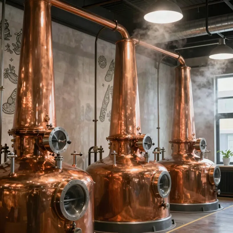 Copper brewing kettles in a brewhouse