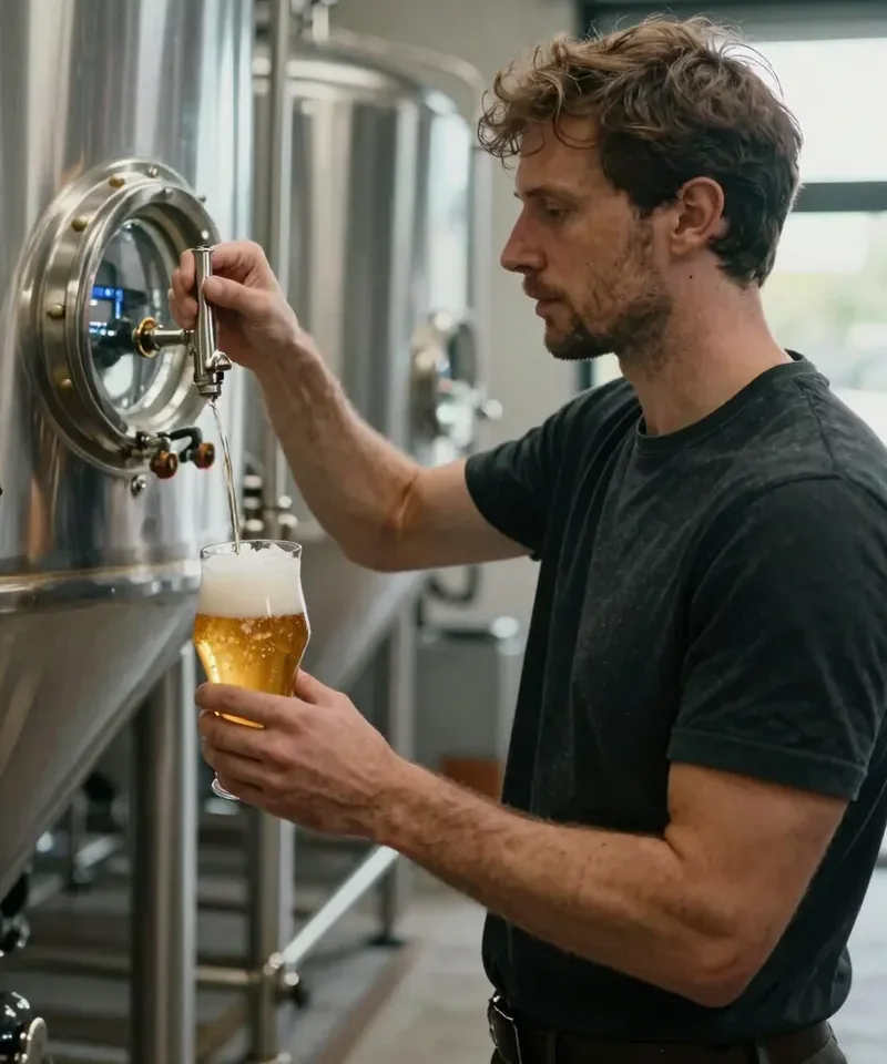 A brewer pouring a sample from a stainless steel tank