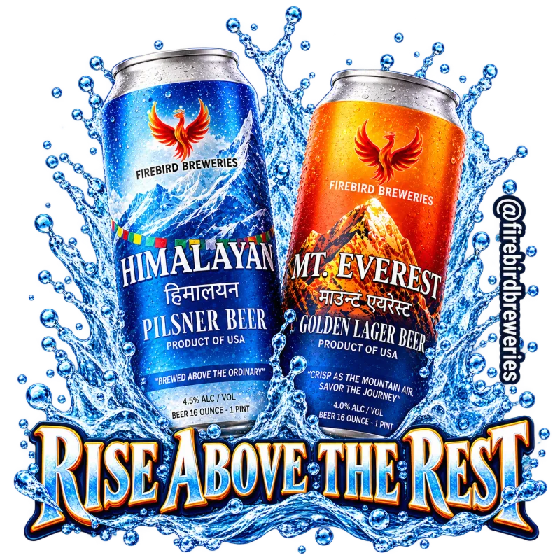 Himalayan Pilsner and Mt. Everest Golden Lager cans in a splash of water. Rise above the rest.