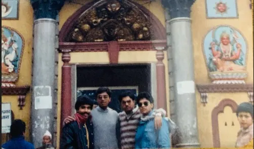 A group of students at a temple doorway in Nepal, 1984