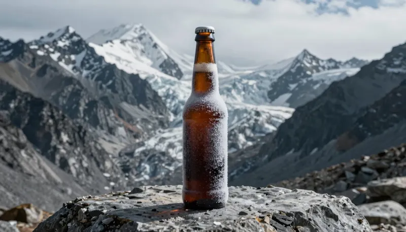 A bottle of beer on a rock above Himalayan peaks
