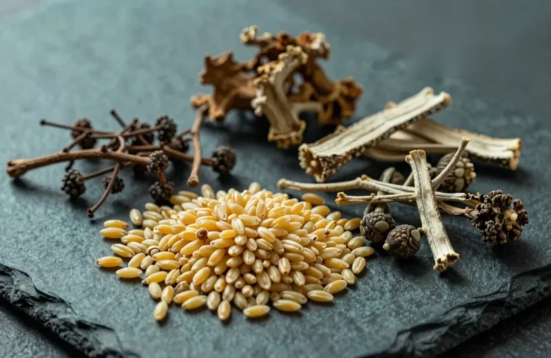 Grains and whole spices on slate