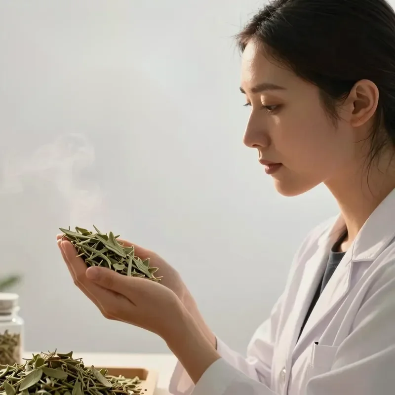 Lila Sharma examining mountain herbs