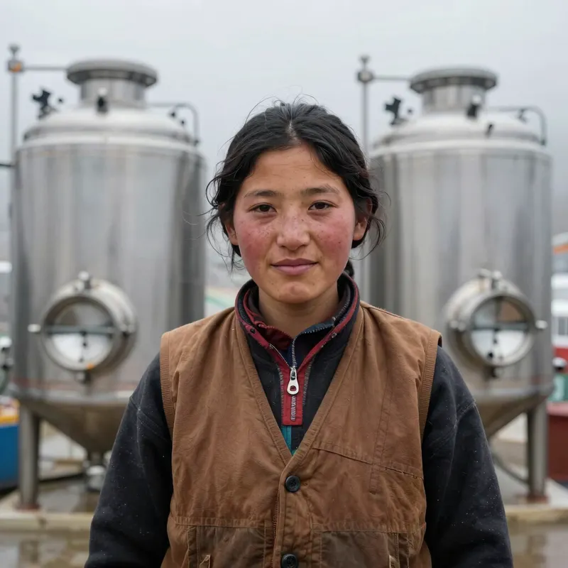 Neena Thapa in front of stainless steel brewing tanks