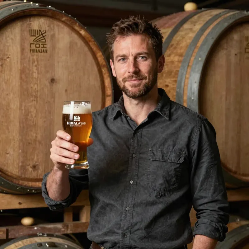 Tashi Norgay holding a glass of beer beside wooden barrels